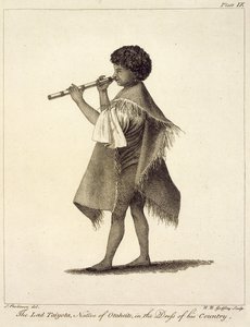 The Lad Taiyota, Native of Otaheite, in the Dress of his Country, gravert av RB Godfrey, plate 9 fra 'Journal of a Voyage to the South Seas', pub. 1823